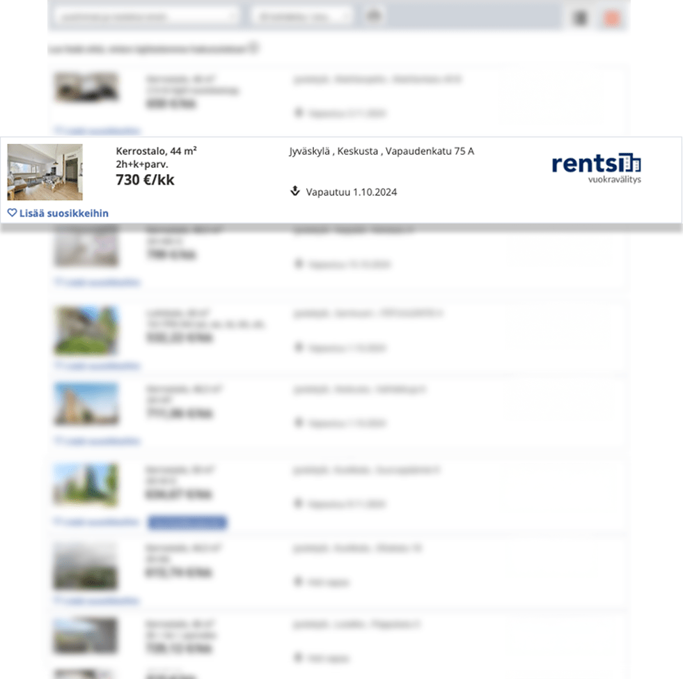 Vuokra-asuntojen ilmoitusnäkymä verkkopalvelussa
